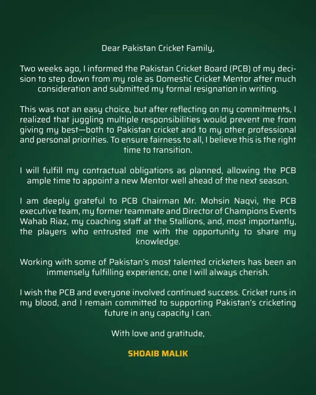 Shoaib Malik Resign Letter